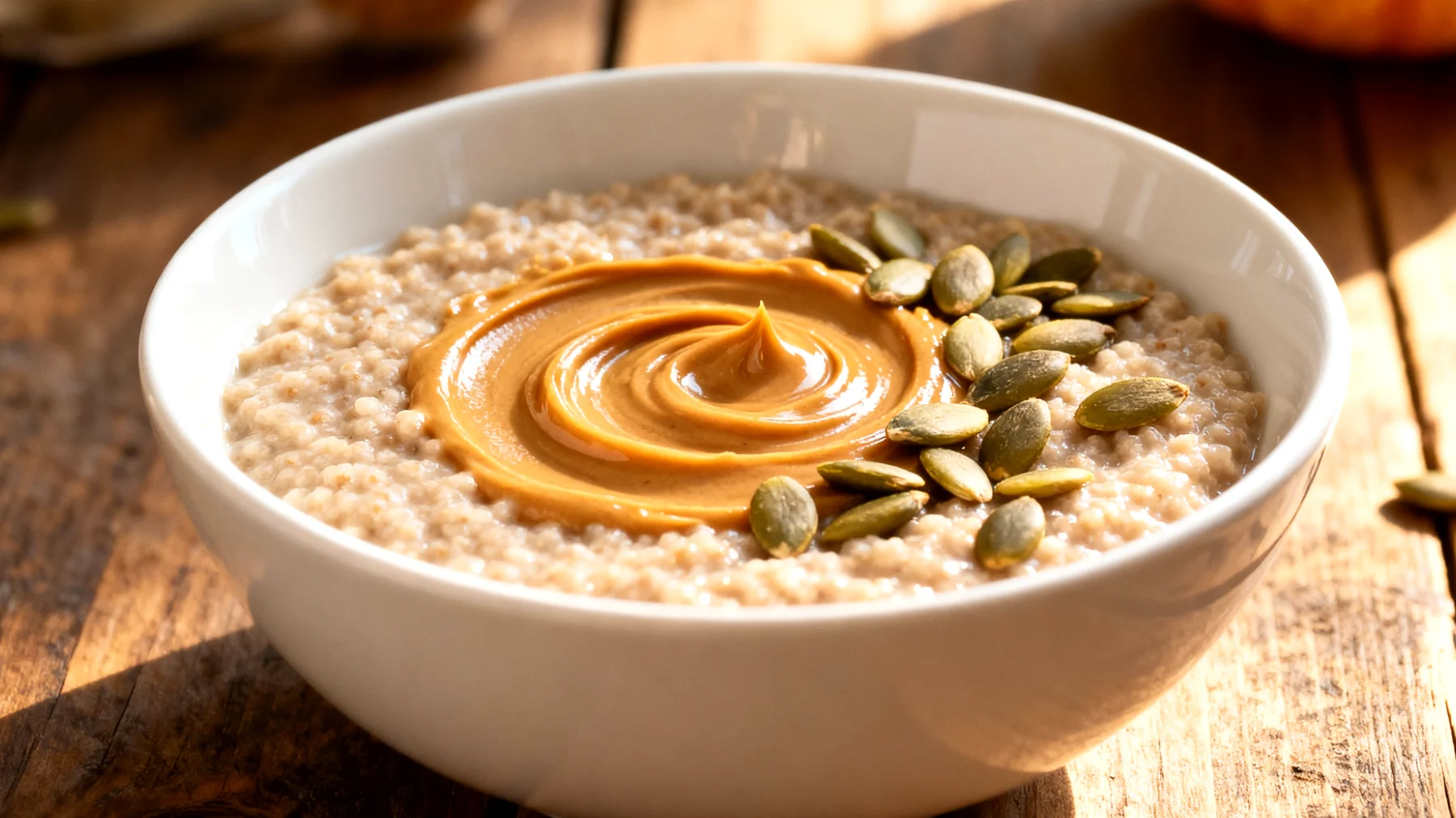 Amaranth-Porridge mit Mandelmus und Kürbiskernen"
