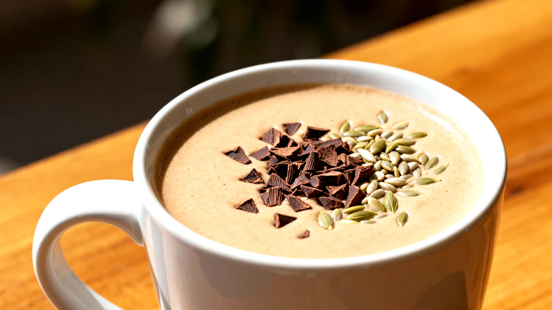 Ashwagandha-Latte mit Kakao-Nibs und Hanfsamen"