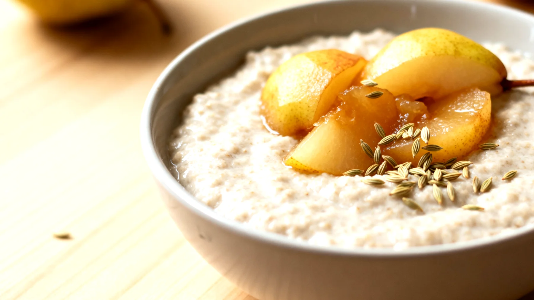 Flohsamenschalen-Pudding mit gedünsteten Birnen und Fenchelsamen"