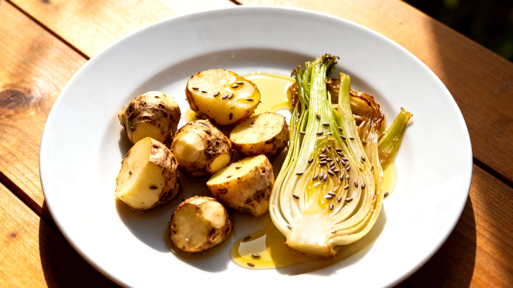 Gekochte Topinambur (Jerusalemartischocke) mit gedünstetem Fenchel und Leinsamenöl"