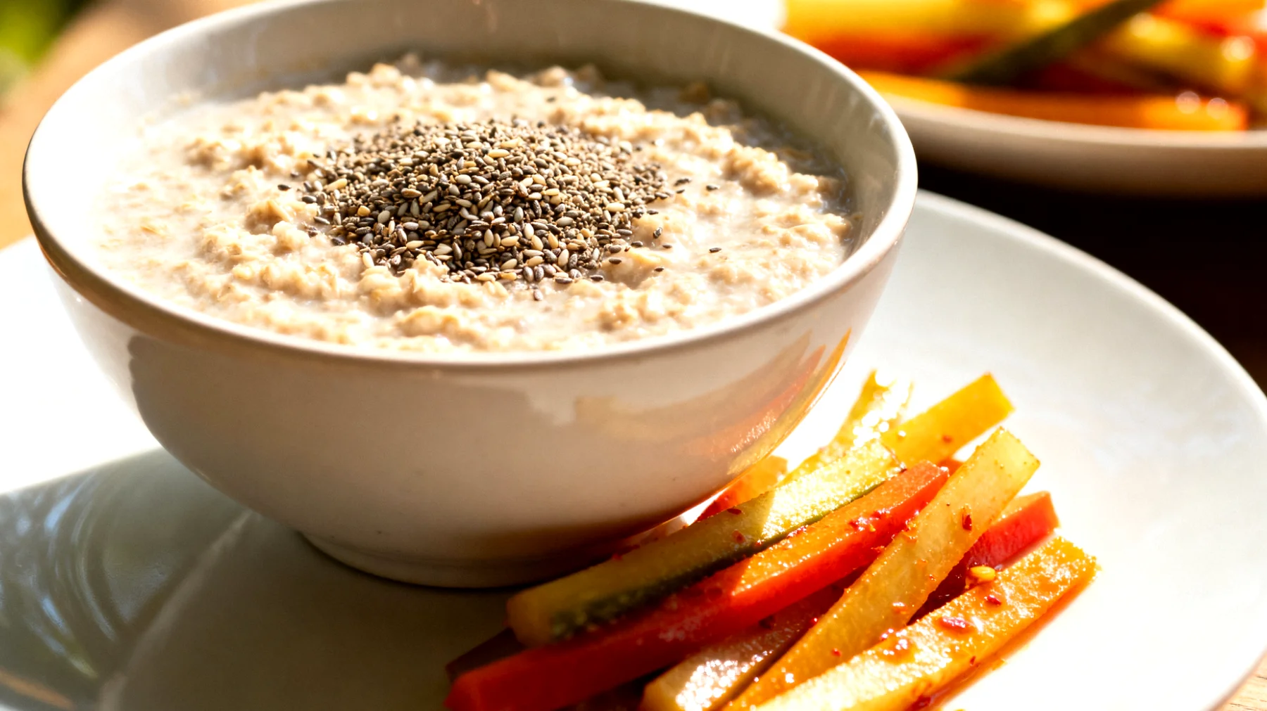 Haferkleie-Flohsamen-Porridge mit fermentierten Gemüsesticks"