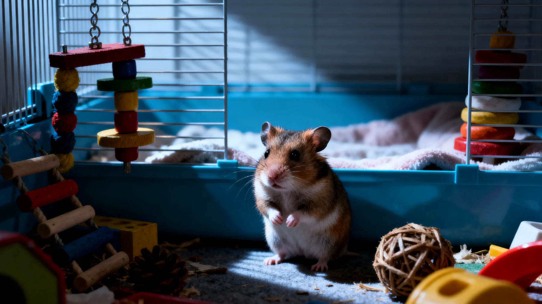 Junger Hamster zeigt Stressverhalten durch Überstimulation und benötigt altersgerechte Entspannungsmethoden und eine ruhige Umgebung zur gesunden Entwicklung"