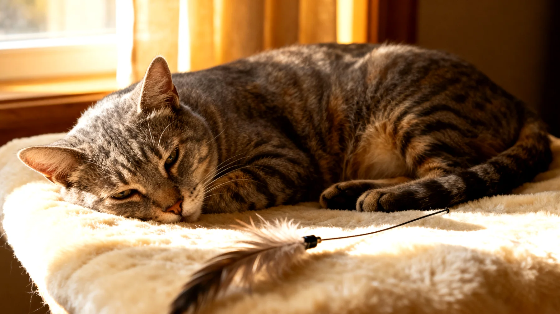Ältere Katzen zeigen oft nachlassendes Interesse an Bewegung und haben Schwierigkeiten, komplexe Übungen auszuführen, was zu Muskelabbau und kognitiver Trägheit führen kann"