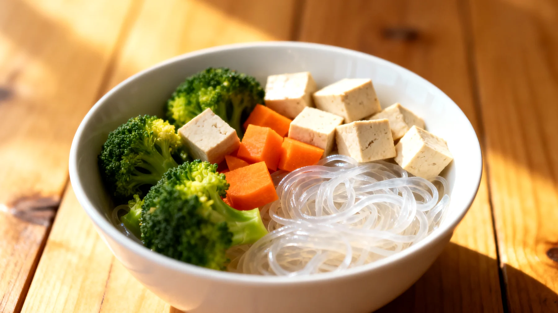 Konjac-Nudeln (Shirataki) mit gedünstetem Gemüse und Tofu"