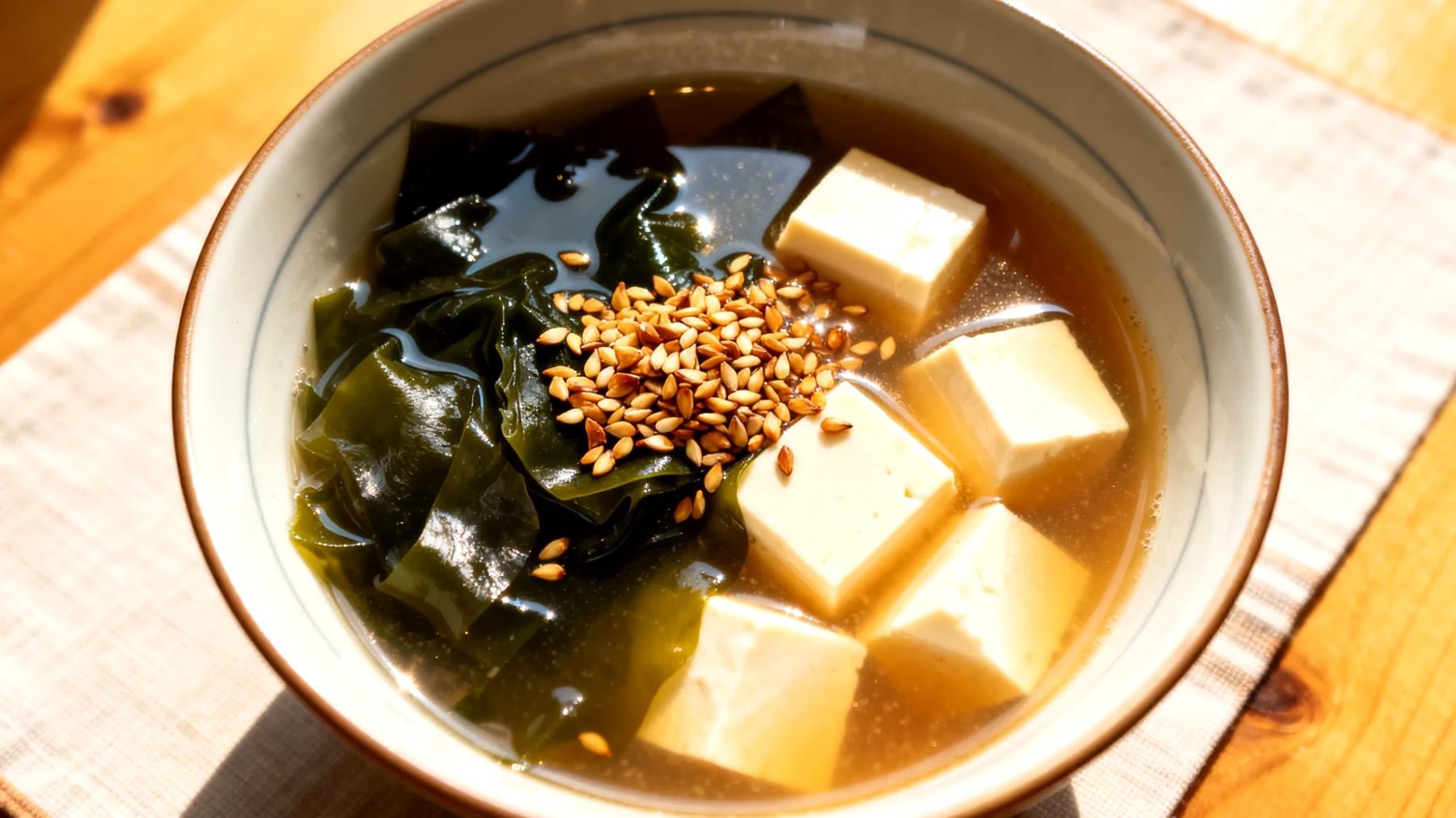Miso-Suppe mit Wakame-Algen, Seidentofu und geröstetem Buchweizen"