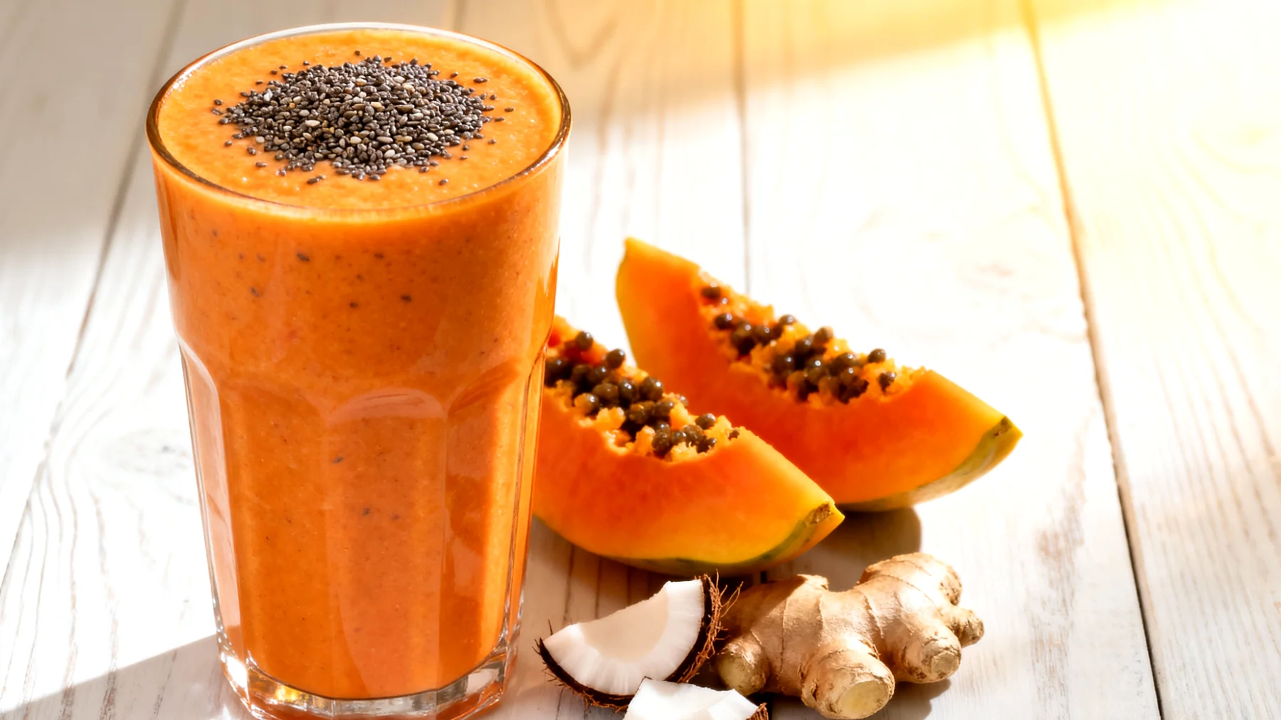 Papaya-Ingwer-Smoothie mit Chiasamen und Kokoswasser"