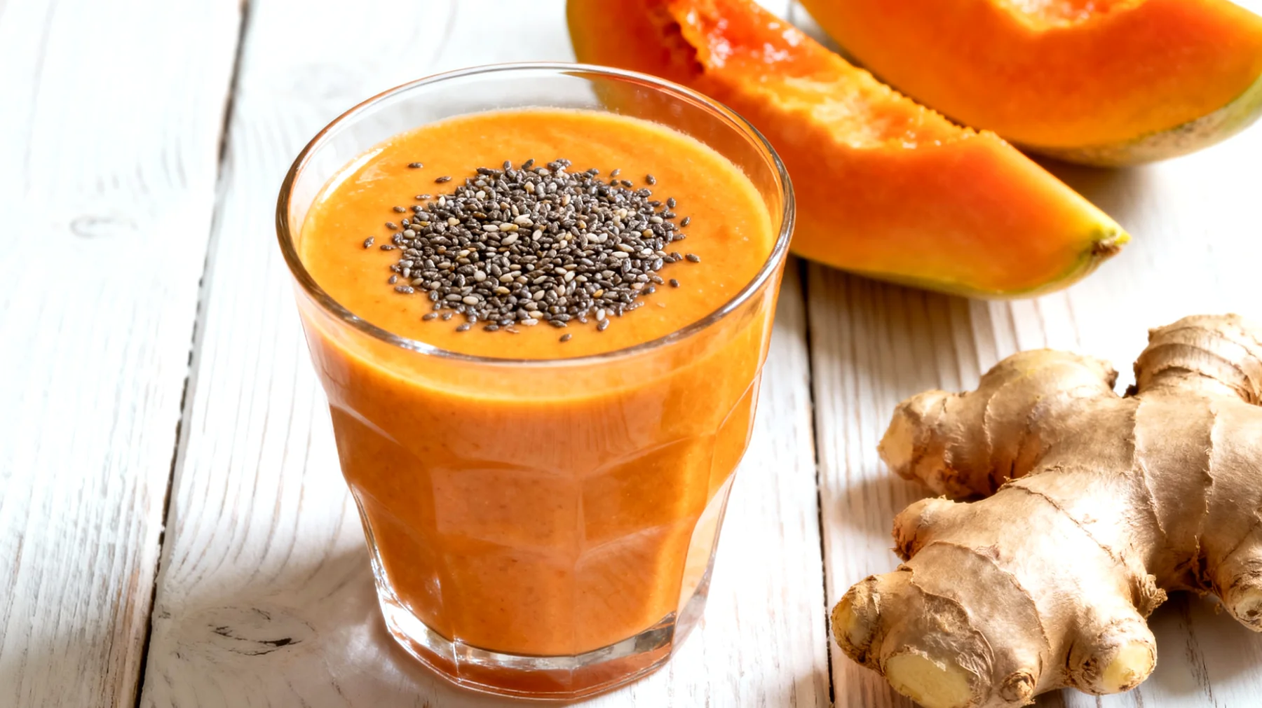 Papaya-Ingwer-Smoothie mit Chiasamen und Kokoswasser"