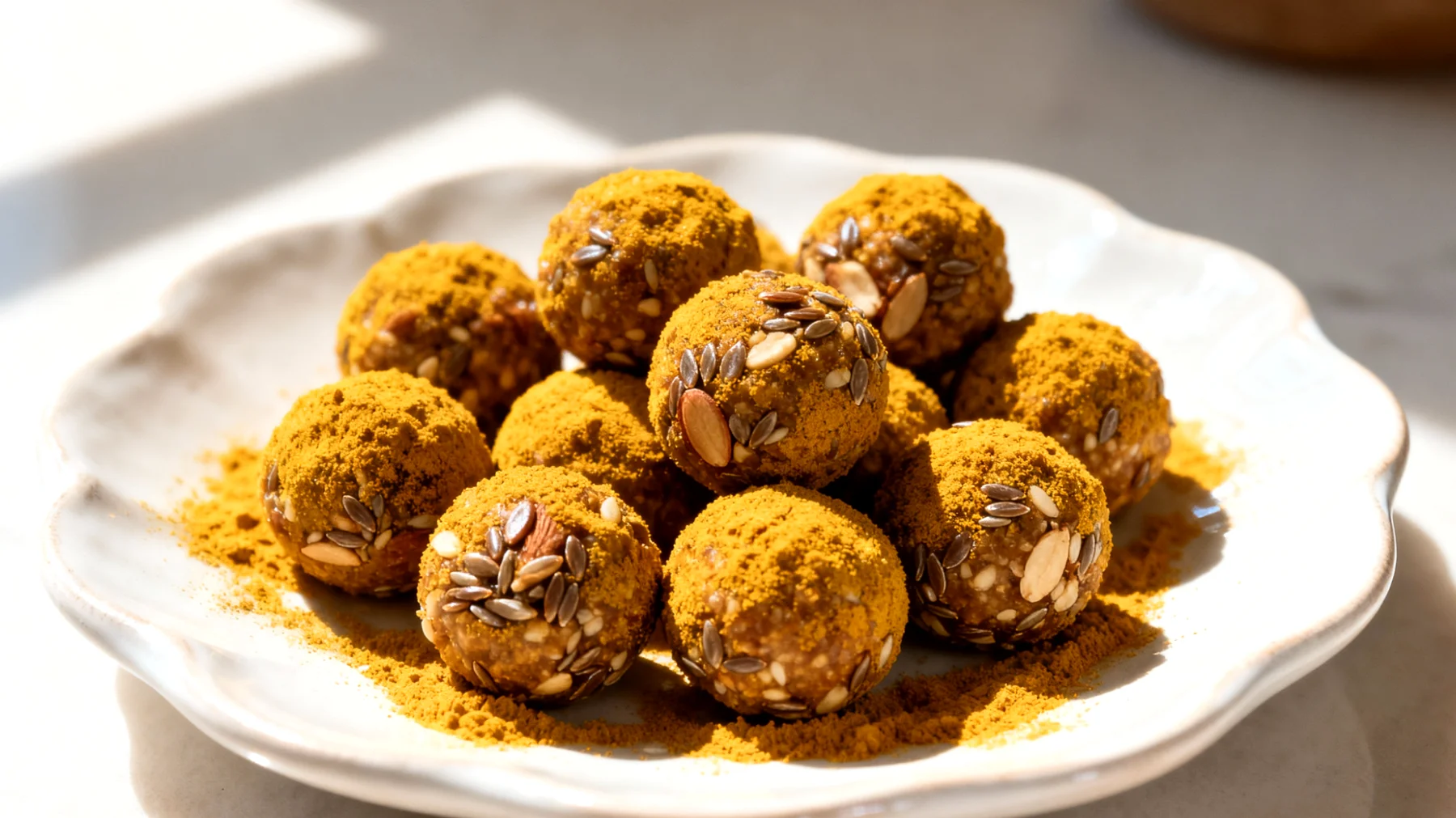 Tigernuss-Mandel-Bällchen mit Kurkuma und Leinsamen"